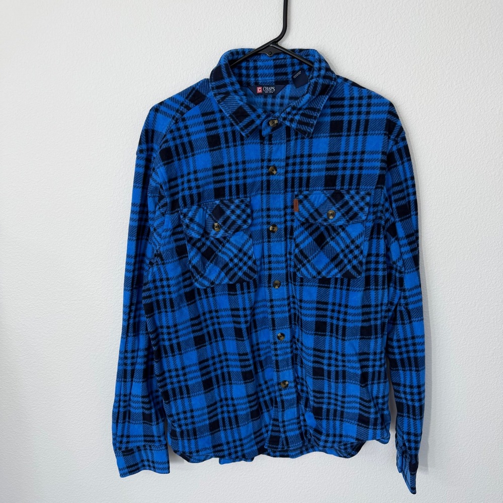 Chaps Fleece Button Down Mens Large Blue Black Plaid CM34LK985 Good Condition